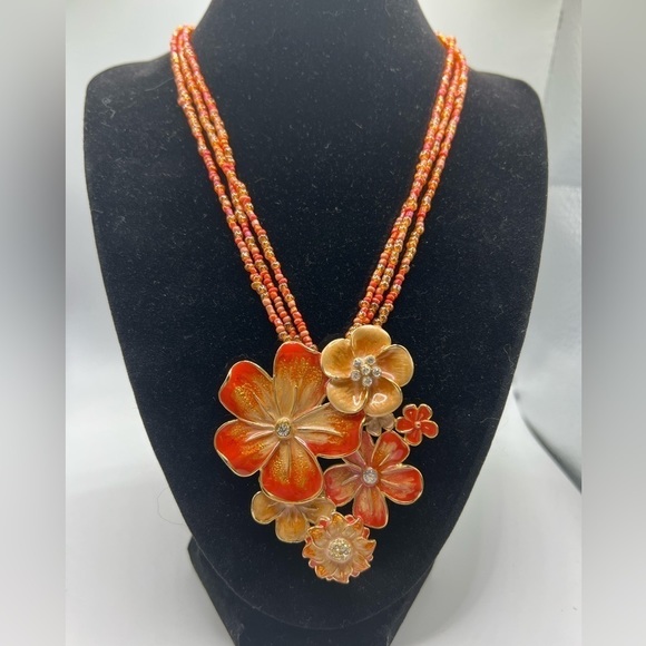 ORANGE Seed Necklace with Enamel Orange‎ Blossoms - Picture 1 of 10